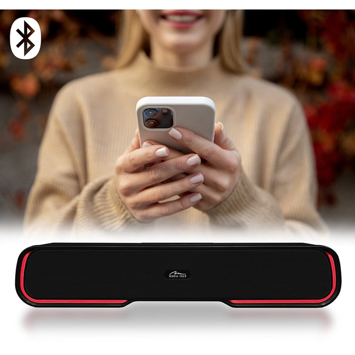 Coluna de som portátil Bluetooth Media-Tech com barra de som, retroiluminação RGB multicolorida, 10 W RMS, 450 W PMPO, rádio FM, leitor de MP3, AUX, bateria recarregável integrada, PHANTOM BT
