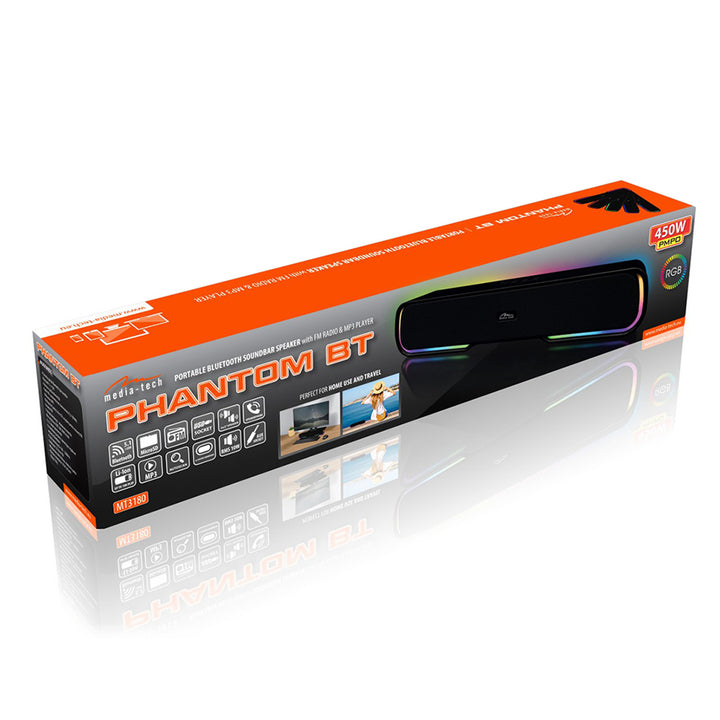 Coluna de som portátil Bluetooth Media-Tech com barra de som, retroiluminação RGB multicolorida, 10 W RMS, 450 W PMPO, rádio FM, leitor de MP3, AUX, bateria recarregável integrada, PHANTOM BT
