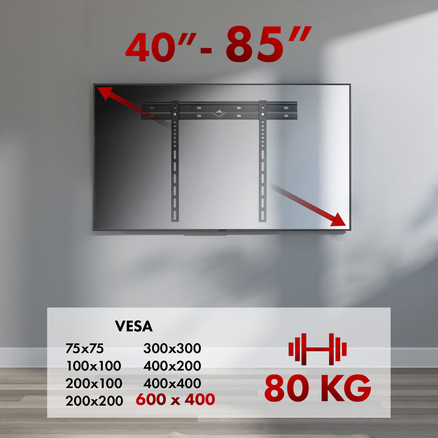 Suporte de parede ultrafino para TV Maclean, 40-85", VESA máx. 600x400, carga até 80 kg, MC-123
