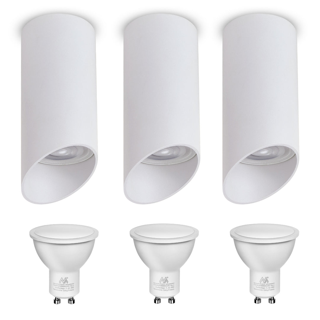 Maclean MCE360 W Luminaria/tubo de superficie, spot, redondo, aluminio, GU10, 55x130mm, blanco, 3pcs+LED bombilla GU10 7W Maclean Energy MCE437 NW blanco neutro 4000K, 220-240V~, 50/60Hz 3pcs