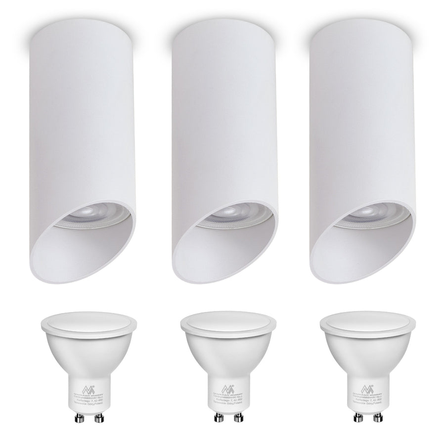 Maclean MCE360 W Luminária/tubo de montagem superficial, spot, redondo, alumínio, GU10, 55x130 mm, branco, 3 peças + lâmpada LED GU10 7 W Maclean Energy MCE437 NW branco neutro 4000 K, 220-240 V~, 50/60 Hz 3 peças
