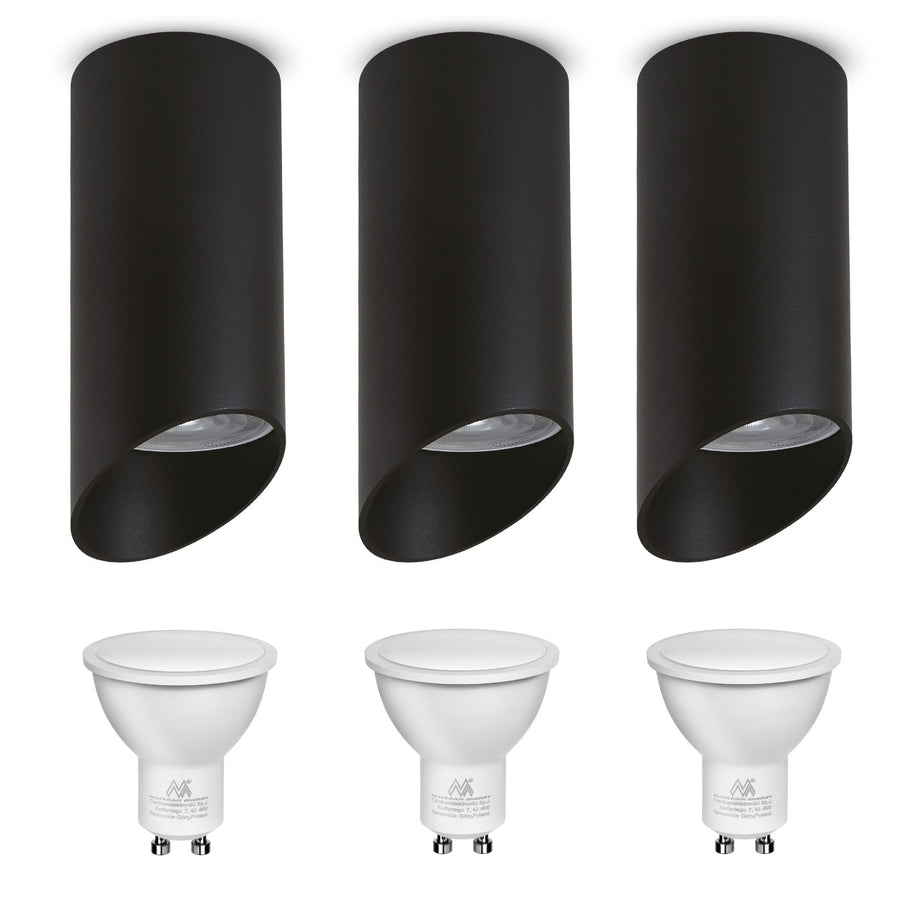 Luminária/tubo de montagem em superfície Maclean MCE360 B, spot, redondo, alumínio, GU10, 55x130 mm, preto, 3 unidades + Lâmpada LED Maclean Energy MCE437 WW GU10 7W, branco quente 3000K, 220-240V~, 50/60Hz, 3 unidades