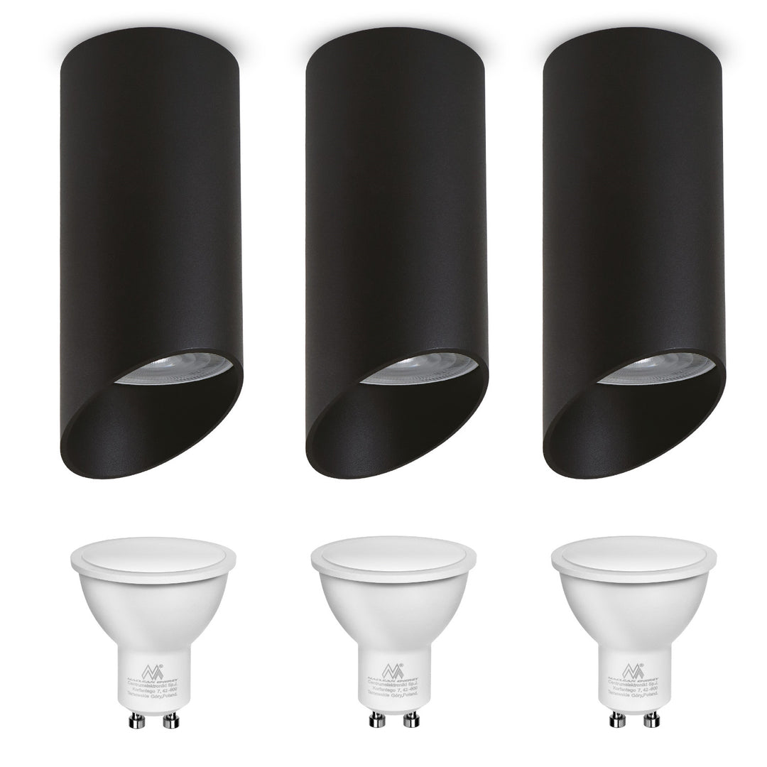 Maclean MCE360 B Luminaria/tubo de superficie, spot, redondo, aluminio, GU10, 55x130mm, color negro, 3pcs + bombilla LED GU10 7W Maclean Energy MCE437 NW blanco neutro 4000K, 220-240V~, 50/60Hz 3pcs