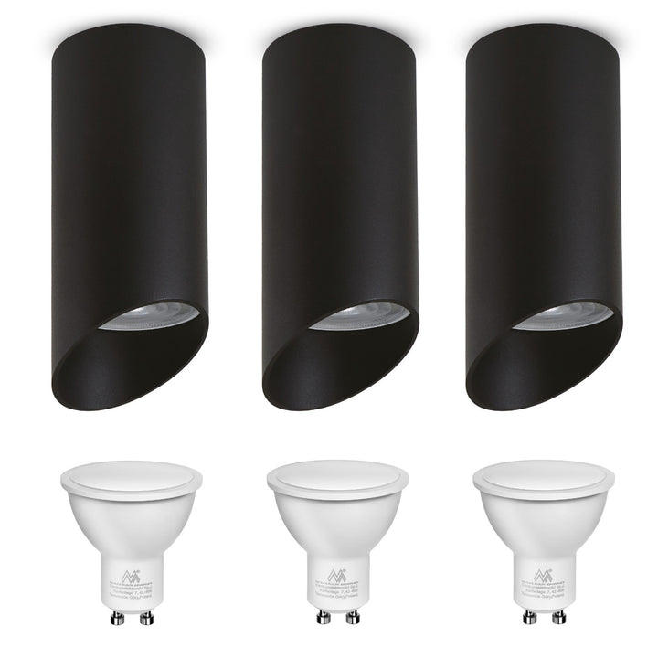 Maclean MCE360 B Luminaria/tubo de superficie, spot, redondo, aluminio, GU10, 55x130mm, color negro, 3pcs + bombilla LED GU10 7W Maclean Energy MCE437 NW blanco neutro 4000K, 220-240V~, 50/60Hz 3pcs