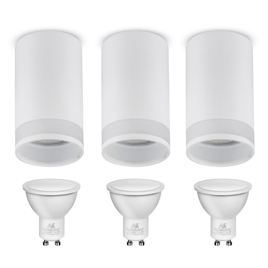 Luminária de superfície/tubo Maclean MCE361 W, spot, redonda, alumínio, GU10, 55x130 mm, branca, 3 unidades + Lâmpada LED Maclean Energy MCE437 WW 7W GU10, branco quente, 3000 K, 220-240 V~, 50/60 Hz, 3 unidades