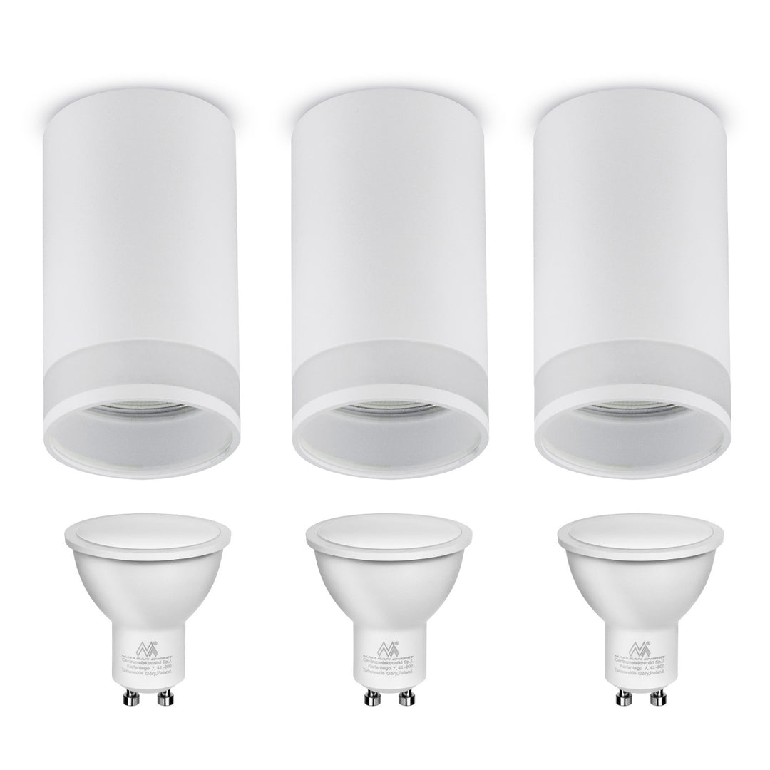 Maclean MCE361 W Luminaria/tubo de superficie, spot, redondo, aluminio, GU10, 55x130mm, blanco 3pcs+LED bombilla GU10 7W Maclean Energy MCE437 NW blanco neutro 4000K, 220-240V~, 50/60Hz 3pcs