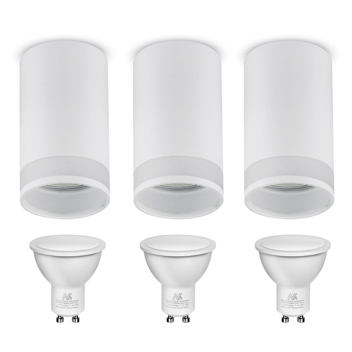 Maclean MCE361 W Luminaria/tubo de superficie, spot, redondo, aluminio, GU10, 55x130mm, blanco 3pcs+LED bombilla GU10 7W Maclean Energy MCE437 NW blanco neutro 4000K, 220-240V~, 50/60Hz 3pcs