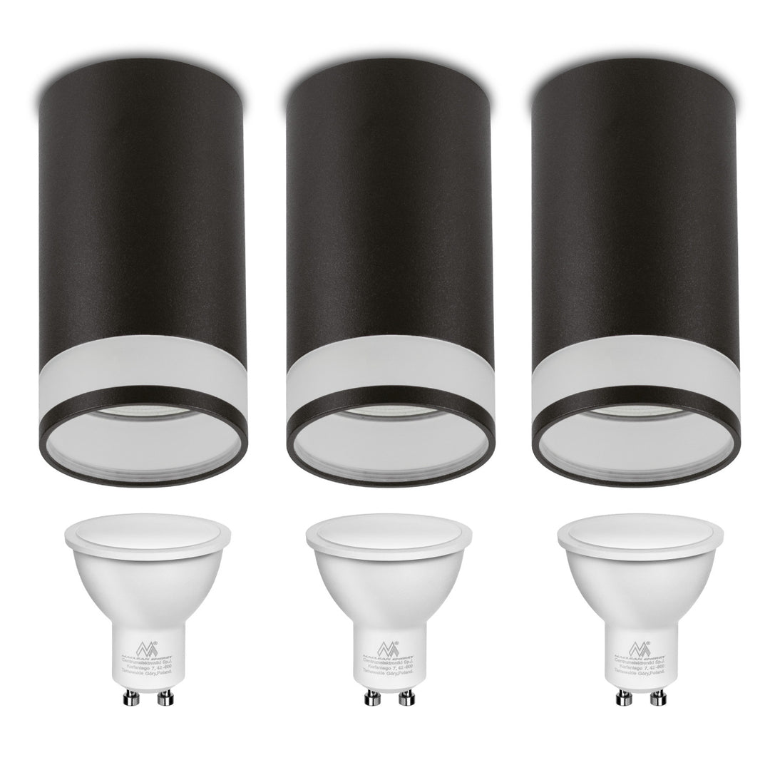 Maclean MCE361 B Luminaria de superficie / tubo, spot, redondo, aluminio, GU10, 55x130mm, color negro 3pcs+ Bombilla LED GU10 7W Maclean Energy MCE437 NW blanco neutro 4000K, 220-240V~, 50/60Hz, 490 3pcs