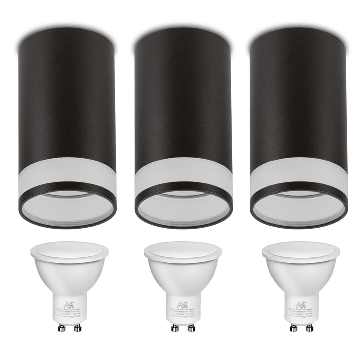 Maclean MCE361 B Luminaria de superficie / tubo, spot, redondo, aluminio, GU10, 55x130mm, color negro 3pcs+ Bombilla LED GU10 7W Maclean Energy MCE437 NW blanco neutro 4000K, 220-240V~, 50/60Hz, 490 3pcs