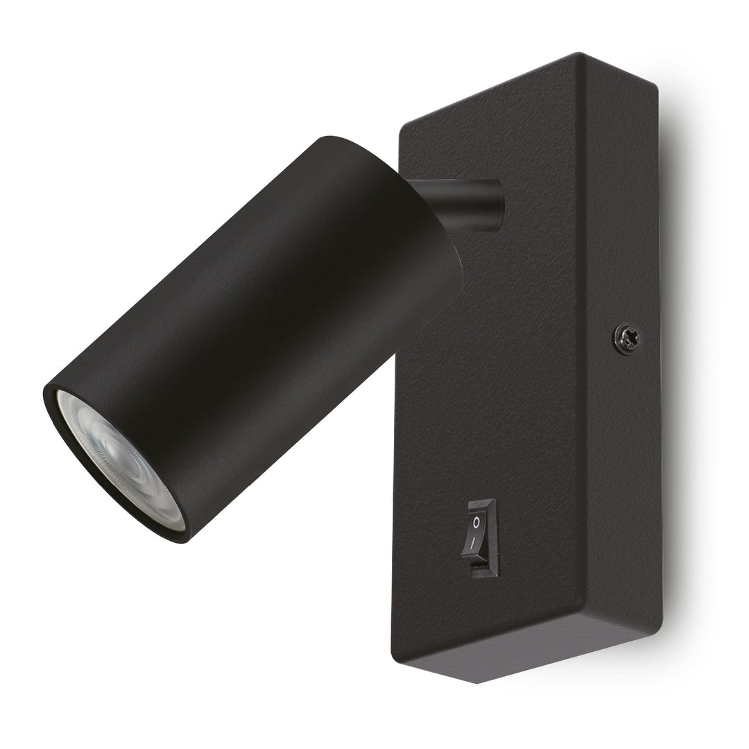 Maclean Aplique / luz de pared, spot, redondo, GU10, con interruptor 55x90mm, color negro, MCE369 B+ Bombilla LED GU10 7W Maclean Energy MCE437 WW blanco cálido 3000K, 220-240V~, 50/60Hz, 490 lúmenes