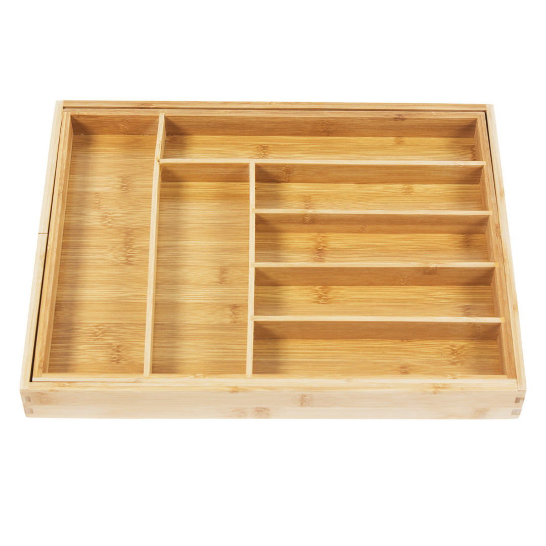 GreenBlue GB379 Conjunto de 2 organizadores de talheres em bambu, bandeja expansível, 7 compartimentos básicos e 2 amovíveis para utensílios de cozinha, organização de gavetas para talheres, dimensões: 32,5-50x43x45cm, 2 unidades