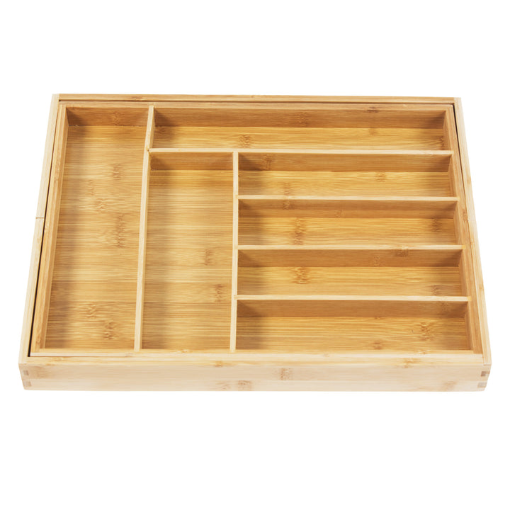 GreenBlue GB379 Conjunto de 2 organizadores de talheres em bambu, bandeja expansível, 7 compartimentos básicos e 2 amovíveis para utensílios de cozinha, organização de gavetas para talheres, dimensões: 32,5-50x43x45cm, 2 unidades
