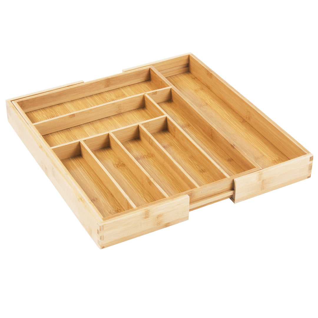 GreenBlue GB379 Conjunto de 2 organizadores de talheres em bambu, bandeja expansível, 7 compartimentos básicos e 2 amovíveis para utensílios de cozinha, organização de gavetas para talheres, dimensões: 32,5-50x43x45cm, 2 unidades