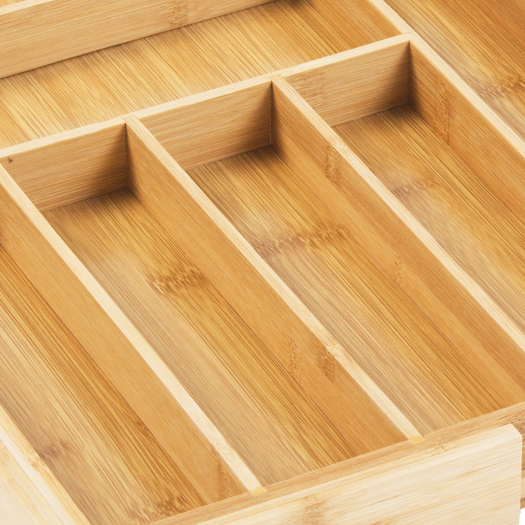 GreenBlue GB379 Conjunto de 2 organizadores de talheres em bambu, bandeja expansível, 7 compartimentos básicos e 2 amovíveis para utensílios de cozinha, organização de gavetas para talheres, dimensões: 32,5-50x43x45cm, 2 unidades