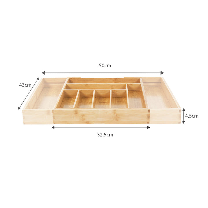 GreenBlue GB379 Conjunto de 2 organizadores de talheres em bambu, bandeja expansível, 7 compartimentos básicos e 2 amovíveis para utensílios de cozinha, organização de gavetas para talheres, dimensões: 32,5-50x43x45cm, 2 unidades