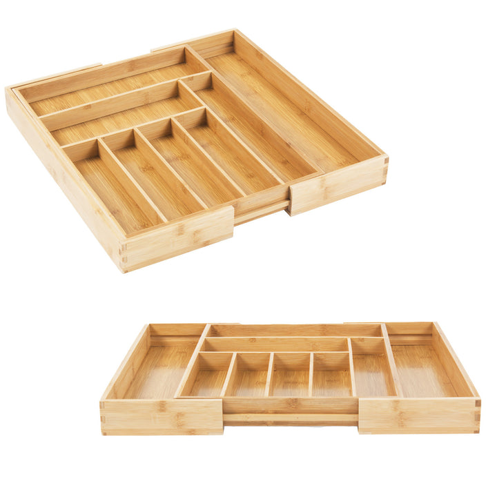 GreenBlue GB379 Conjunto de 2 organizadores de talheres em bambu, bandeja expansível, 7 compartimentos básicos e 2 amovíveis para utensílios de cozinha, organização de gavetas para talheres, dimensões: 32,5-50x43x45cm, 2 unidades