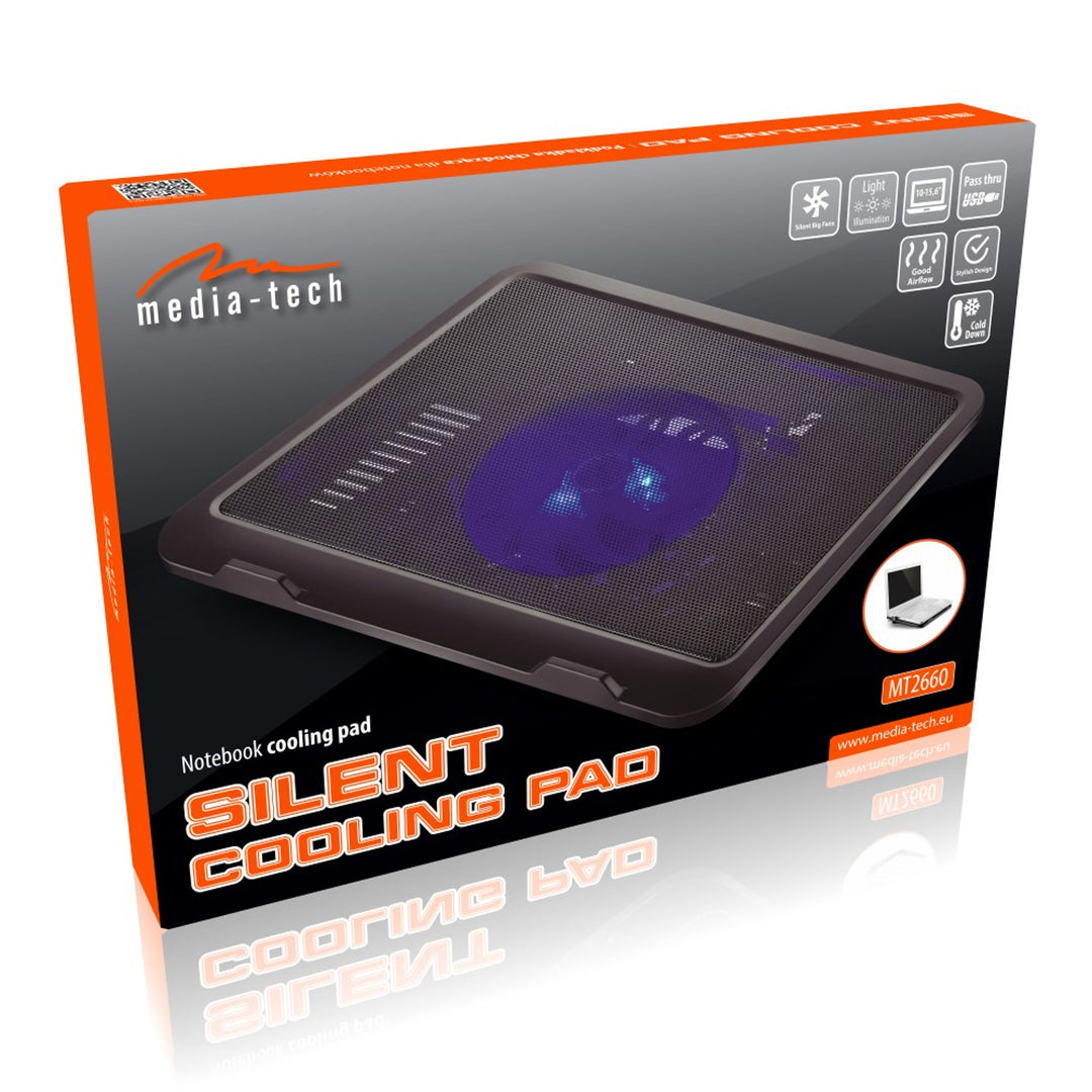 Almofada de refrigeração silenciosa Media-Tech para portáteis de 15,6" e mais pequenos, silenciosa, potente, ventoinhas de 13,5 cm, porta USB pass-through