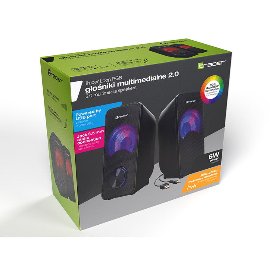 Colunas Tracer RGB com retroiluminação, 6 W RMS, fonte de alimentação USB, loop