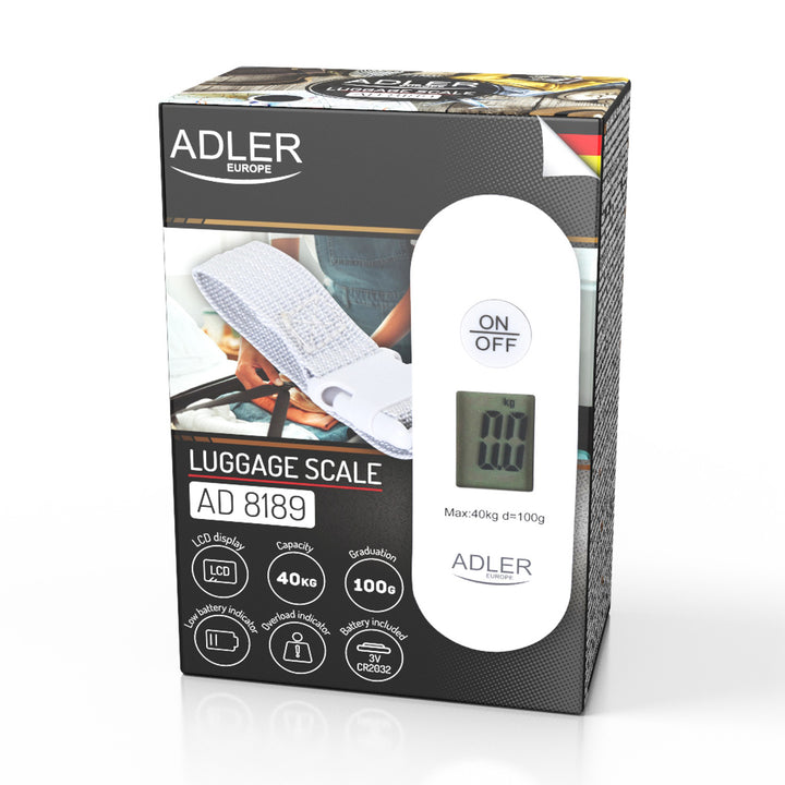 Adler AD 8189 Báscula para equipajes, hasta 40 kg, pantalla LCD, función de tara y estabilización, blanco y gris