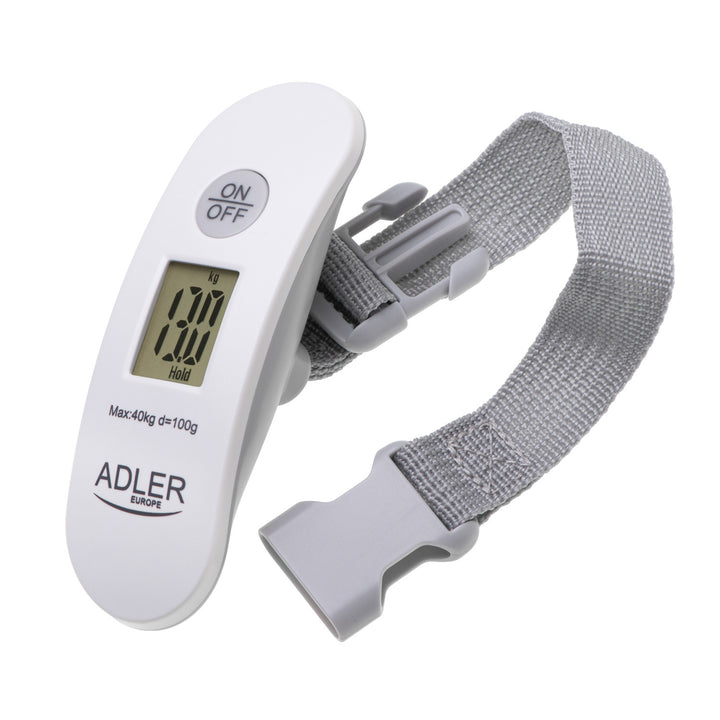 Adler AD 8189 Báscula para equipajes, hasta 40 kg, pantalla LCD, función de tara y estabilización, blanco y gris