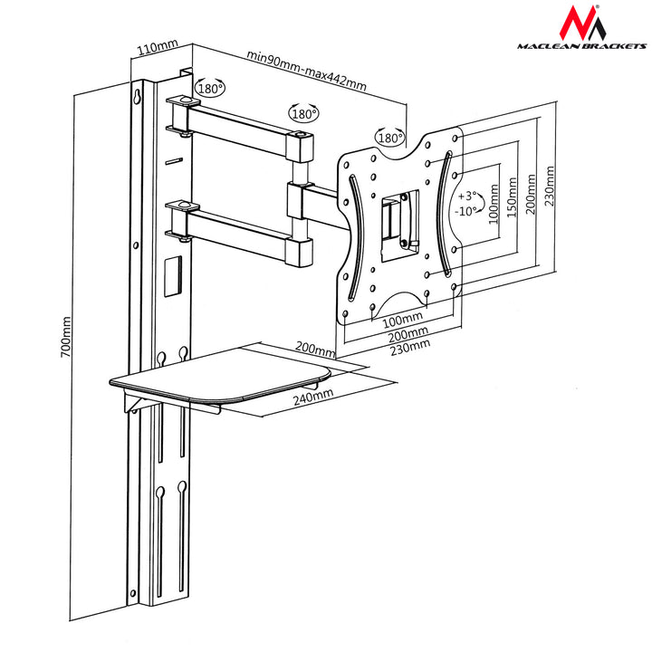 Suporte de TV Maclean com prateleira para DVD, VESA 200x200, 23"-42", 30 kg, MC-771+HDMI 2.0 4K 3D UHD 1,8 m CABO 48 bits