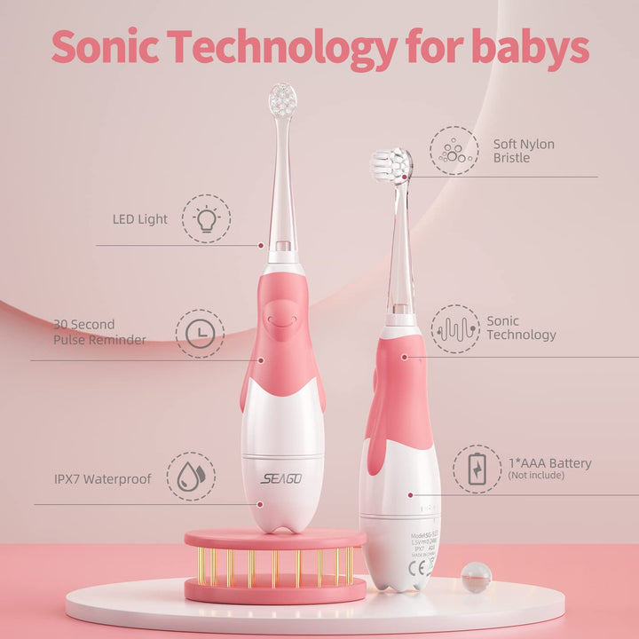 Escova de dentes sónica para crianças SEAGO, rosa, 1xAA 1,5 V (não incluída), 4 pontas, SG-513 rosa + conjunto de escovas de dentes de substituição SEAGO para SG-513, SG-977, 4 peças, transparente, SG-513 de substituição