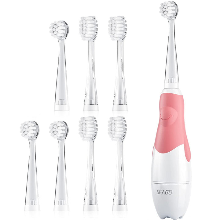 Escova de dentes sónica para crianças SEAGO, rosa, 1xAA 1,5 V (não incluída), 4 pontas, SG-513 rosa + conjunto de escovas de dentes de substituição SEAGO para SG-513, SG-977, 4 peças, transparente, SG-513 de substituição