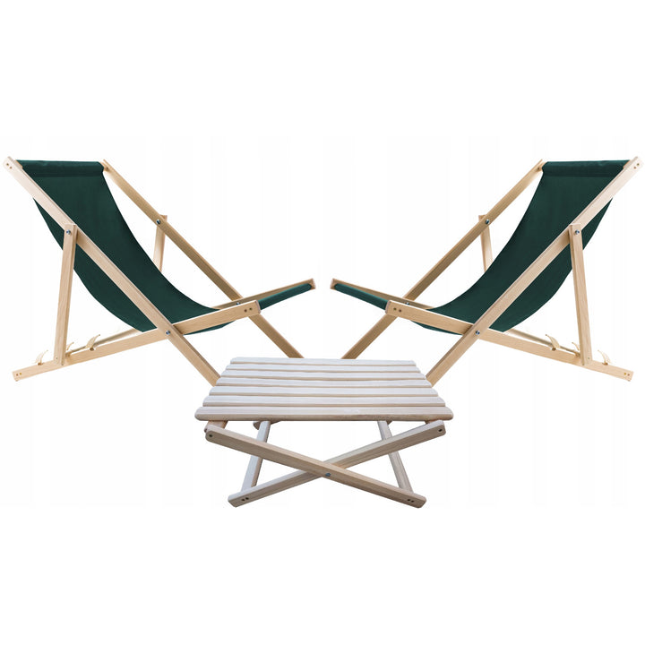 Conjunto de 2 espreguiçadeiras de praia Woodok, verde | Inclui mesa de centro em madeira