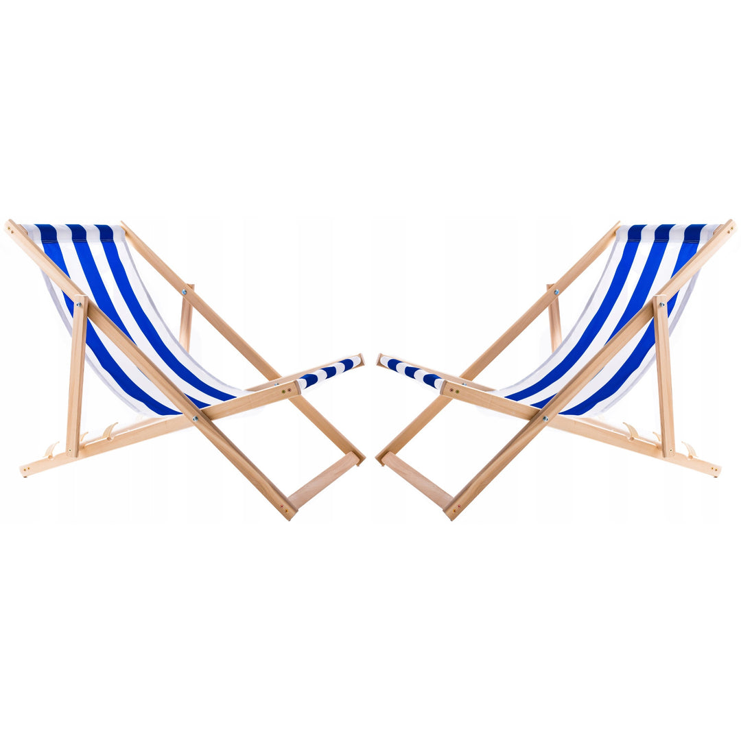 Woodok Conjunto de 2 tumbonas de playa, Color rayas azules| Incluida mesa de centro de madera