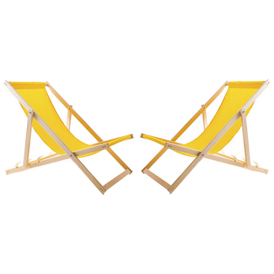 Conjunto de 2 espreguiçadeiras de praia Woodok, amarelo | Inclui mesa de centro em madeira