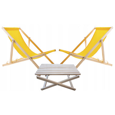 Woodok Conjunto de 2 tumbonas de playa, Color amarillo | Incluida mesa de centro de madera