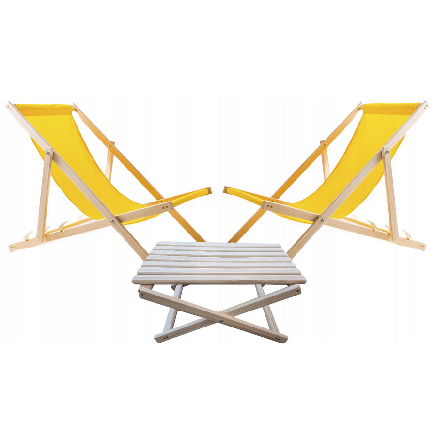 Conjunto de 2 espreguiçadeiras de praia Woodok, amarelo | Inclui mesa de centro em madeira