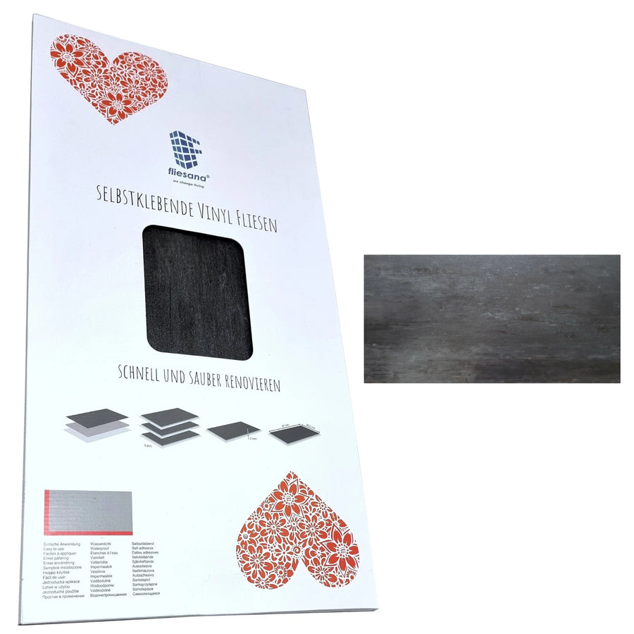 Azulejos autocolantes para chão e parede Fliesana, conjunto de 3, impermeáveis, design em pedra natural, preto