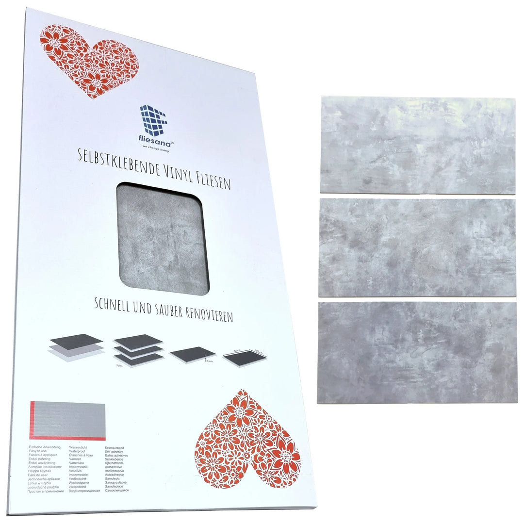 Azulejos autocolantes para pavimento e parede Fliesana, conjunto de 3, impermeáveis, padrão de betão cinza claro