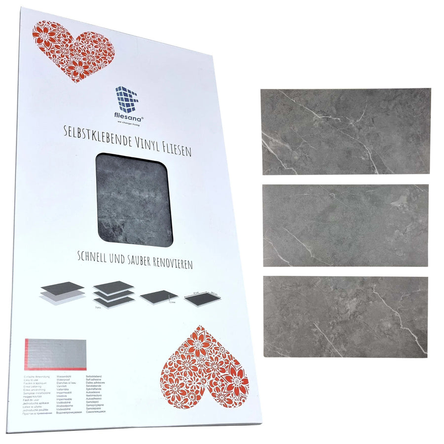 Azulejos autocolantes para chão e parede Fliesana, conjunto de 3, impermeáveis, design em pedra natural, cinzento escuro