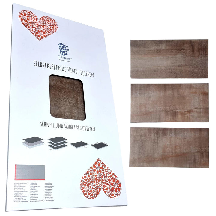 Azulejos autocolantes para pavimento e parede Fliesana, conjunto de 3, impermeáveis, design em pedra natural, cor ferrugem