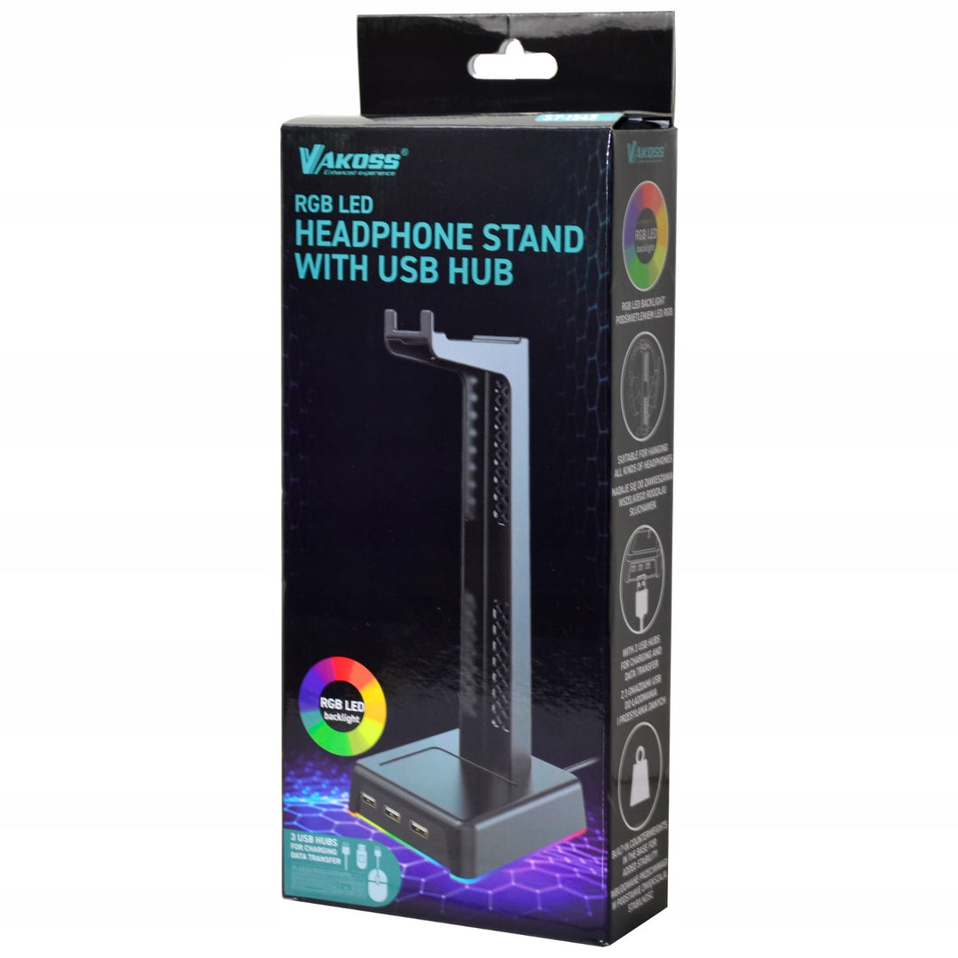 Suporte para auscultadores de mesa Vakoss ST-1545, hub 3xUSB, retroiluminação LED
