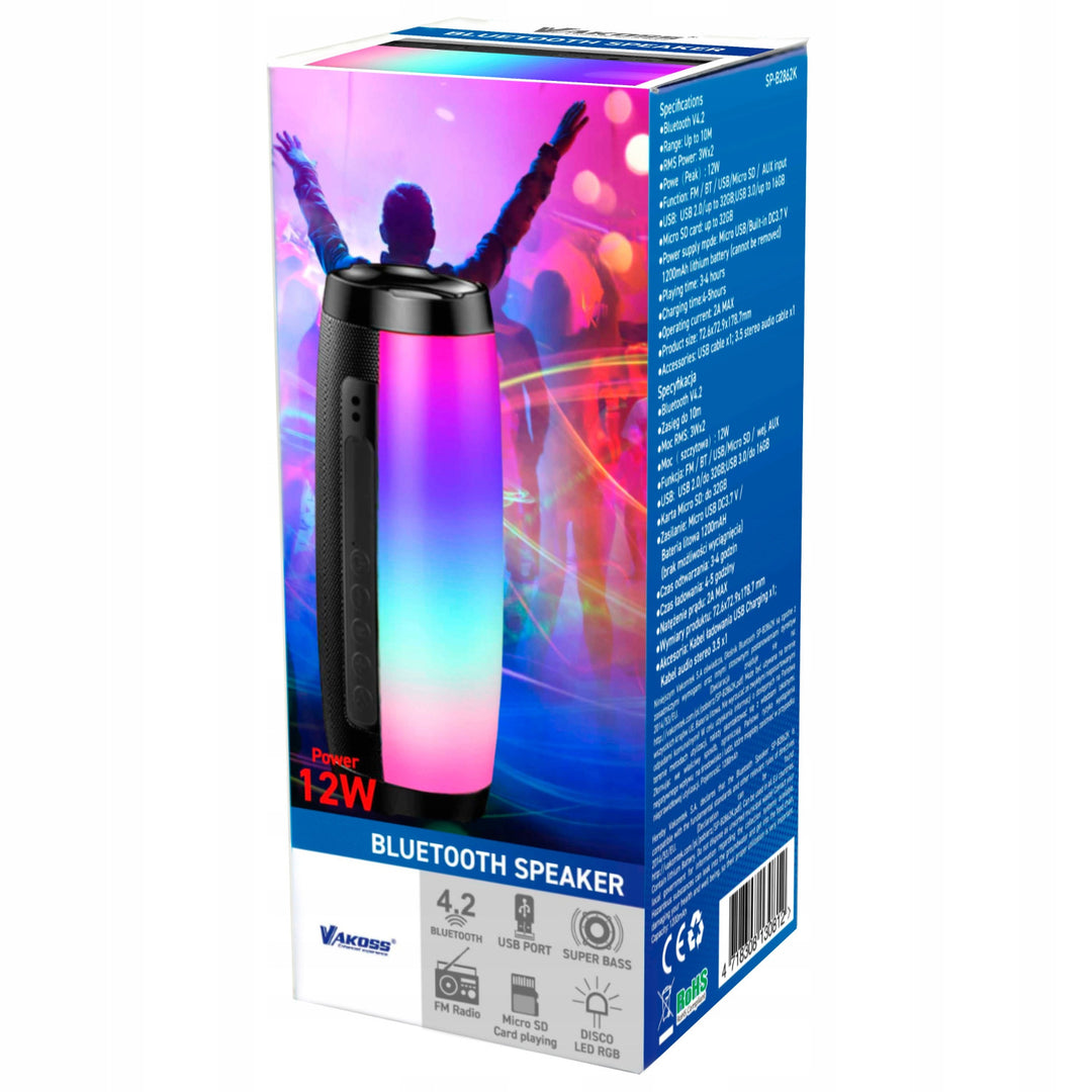 Coluna de som sem fios Vakoss, Bluetooth, SD, USB, AUX, rádio FM, retroiluminada, SP-B2862K