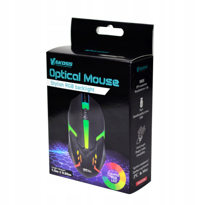 Rato para jogos Vakoss, retroiluminação RGB, 1000 DPI, TM-5133K