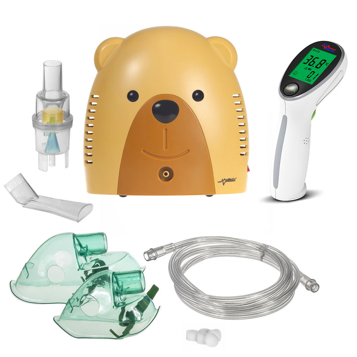 Inhalador infantil Promedix, osito de peluche, nebulizador, mascarilla, juego de filtros, PR-811 + termómetro médico de infrarrojos sin contacto Promedix PR-960