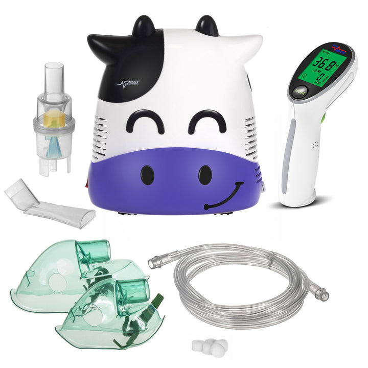 Inalador infantil Promedix PR-810, Fudge, Nebulizador, Máscara, Conjunto de Filtro + Termómetro Médico Infravermelho sem Contacto Promedix PR-960