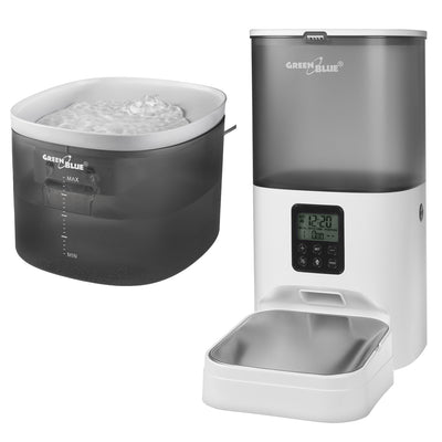 GreenBlue dispensador automático de agua / bebedero para mascotas, 3L, USB 5V1A, GB392 + GreenBlue dispensador automático de comida / comedero para mascotas, 6L, USB 5V1A, GB393