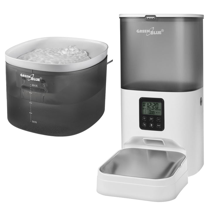 GreenBlue dispensador automático de agua / bebedero para mascotas, 3L, USB 5V1A, GB392 + GreenBlue dispensador automático de comida / comedero para mascotas, 6L, USB 5V1A, GB393
