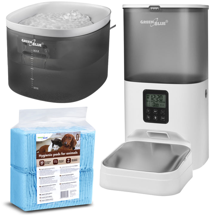 GreenBlue GB392 dispensador automático de agua / bebedero para mascotas + GreenBlue GB393 dispensador automático de comida / comedero para mascotas + 60x40cm, base de 50 piezas, GB495