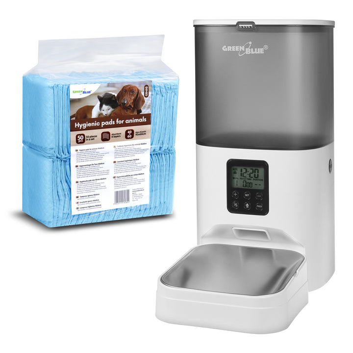GreenBlue 6L Dispensador Automático de Ração para Animais de Estimação, USB 5V1A, GB393 + GreenBlue 60x40cm 50 unidades Tapetes de Treino para Xixi/Sisa para Animais de Estimação, GB495
