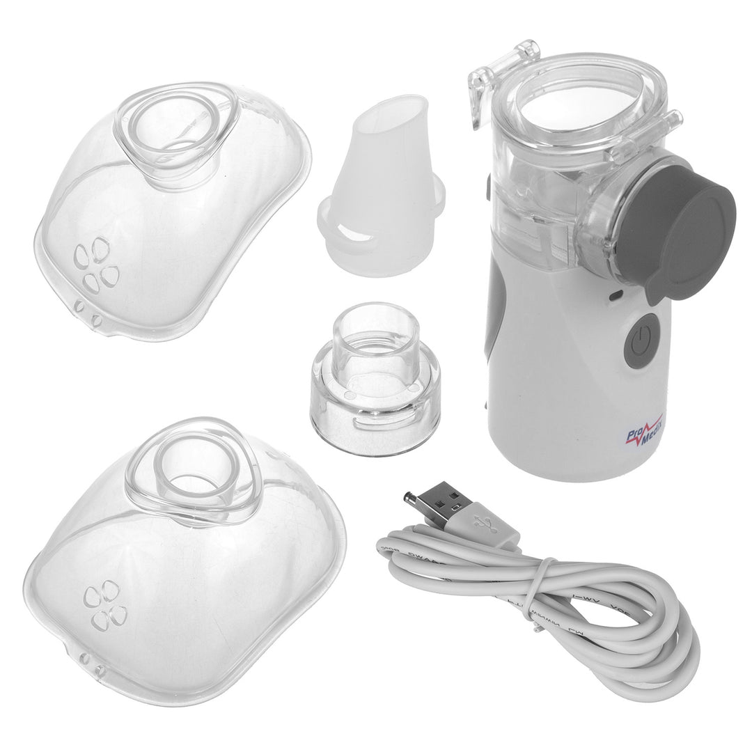 Promedix inhalador nebulizador inalámbrico portátil / de mano, kit, mascarillas, PR-835 + 2x Mascarillas médicas CE EN 14683:2019 - kit - color azul 10 piezas Promedix PR-280 BFE>98%...