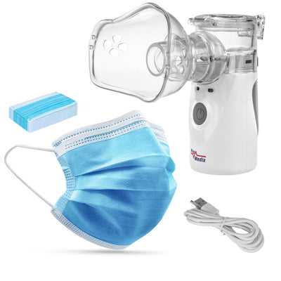 Kit Nebulizador Inalador Portátil/Sem Fios Promedix, Máscaras, PR-835 + 2 Máscaras Médicas CE EN 14683:2019 - Kit - Cor Azul 10 Peças Promedix PR-280 BFE>98%...