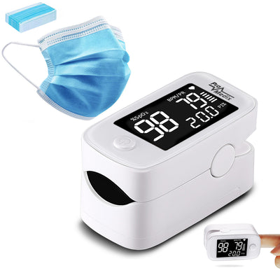 Oxímetro de pulso médico LED HD Promedix PR-870 de 1,5" + 2 máscaras faciais médicas CE EN 14683:2019 - Conjunto - Azul 10 peças Promedix PR-280 BFE>98%...
