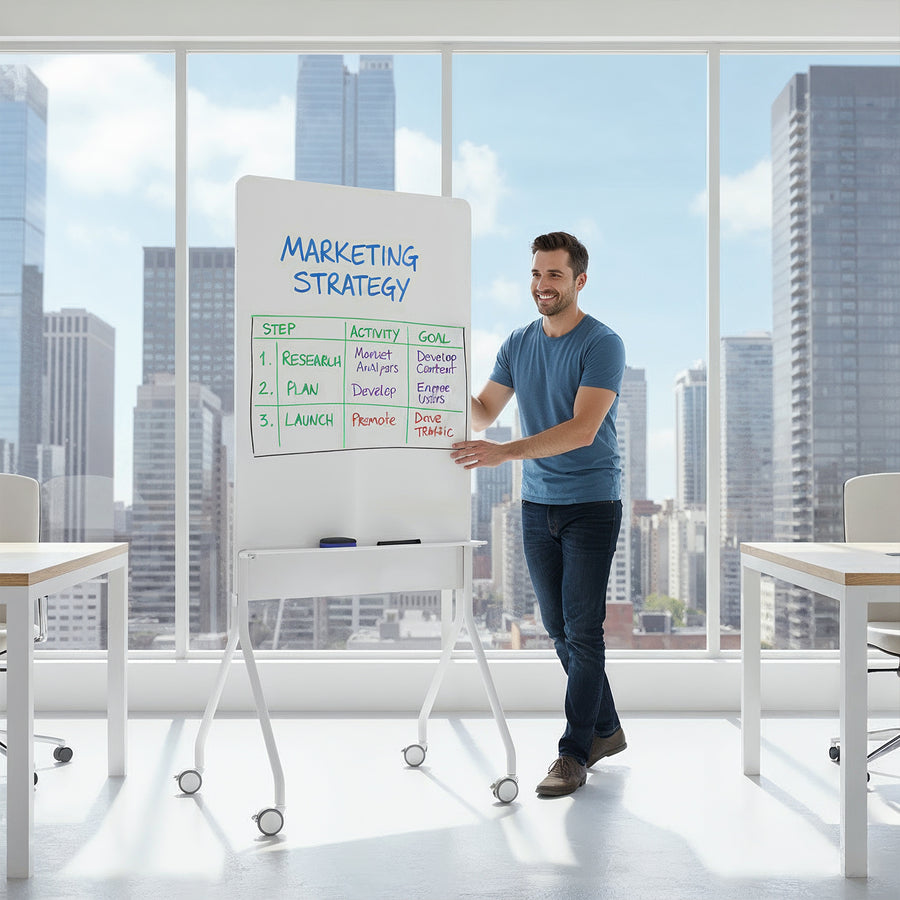 Pizarra móvil de borrado en seco Ergo Office, orientación vertical, blanca, de una cara, con estante, dimensiones de la pizarra 1190x790mm, ER-305