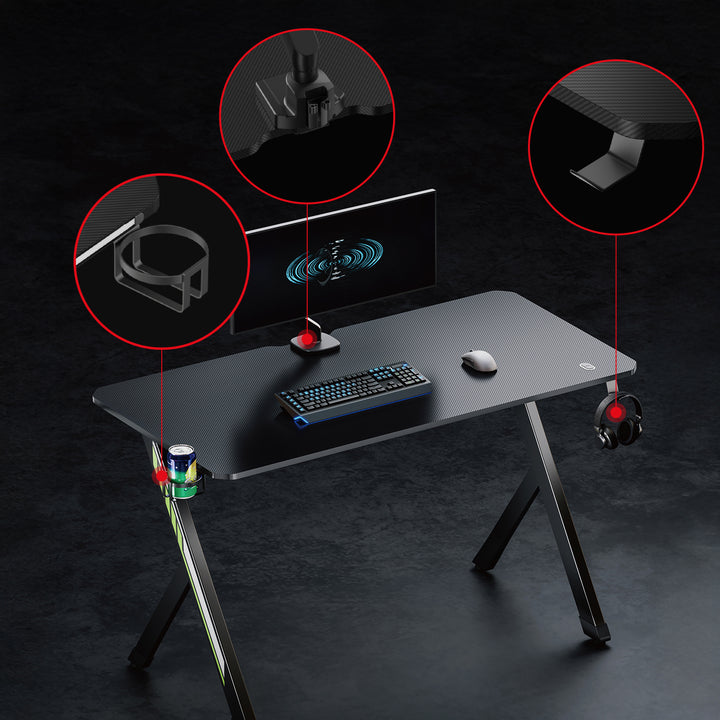 Escritorio para juegos NanoRS, negro, con soporte para auriculares y vasos, max. 75kg, dimensiones 1200x600x750mm, RS101